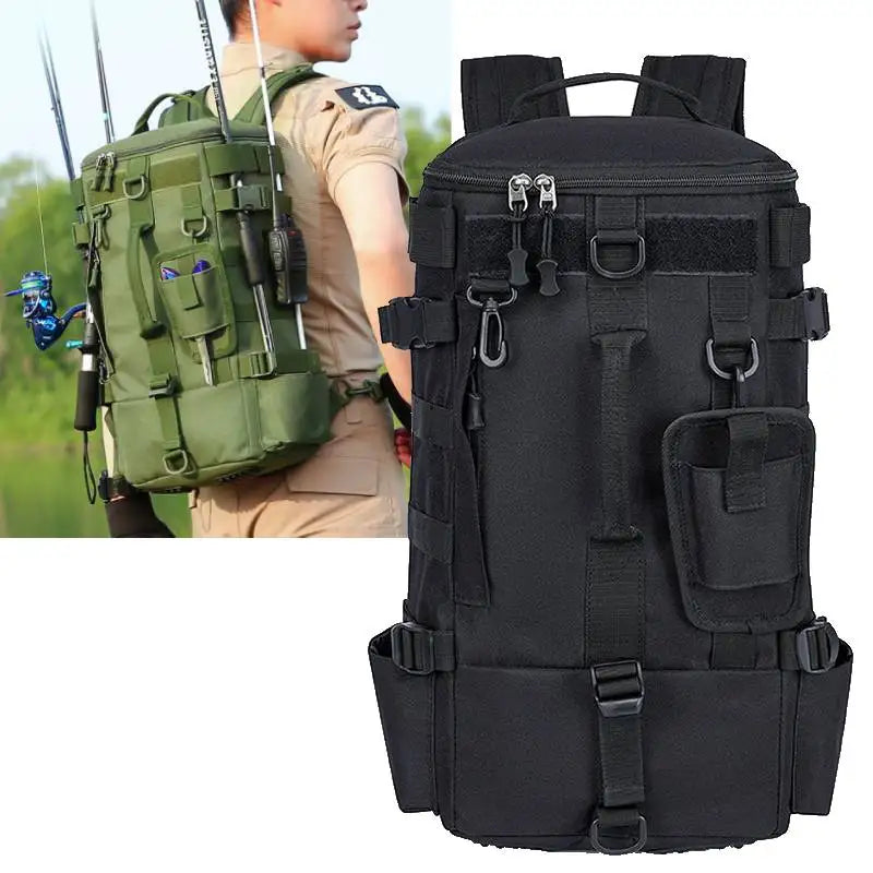 Taktischer Angelrucksack, Gerätetasche mit Rutenhaltern, Angelausrüstung, Molle, Camping, Wandern, Multifunktionale Outdoor-Tasche