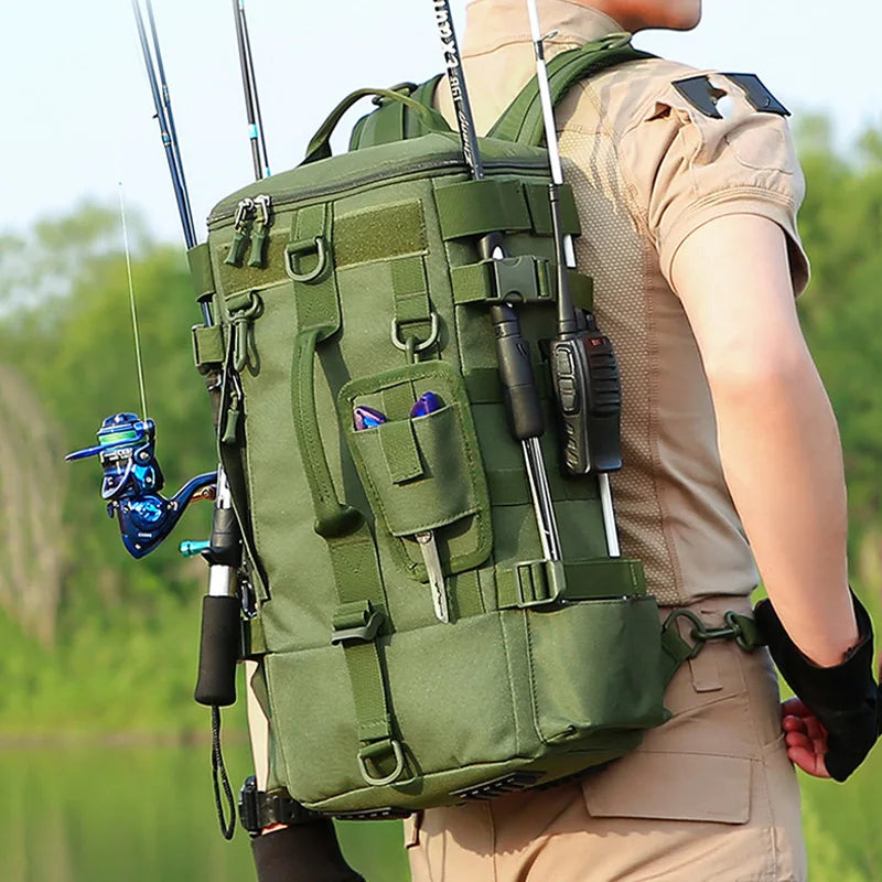 Taktischer Angelrucksack, Gerätetasche mit Rutenhaltern, Angelausrüstung, Molle, Camping, Wandern, Multifunktionale Outdoor-Tasche