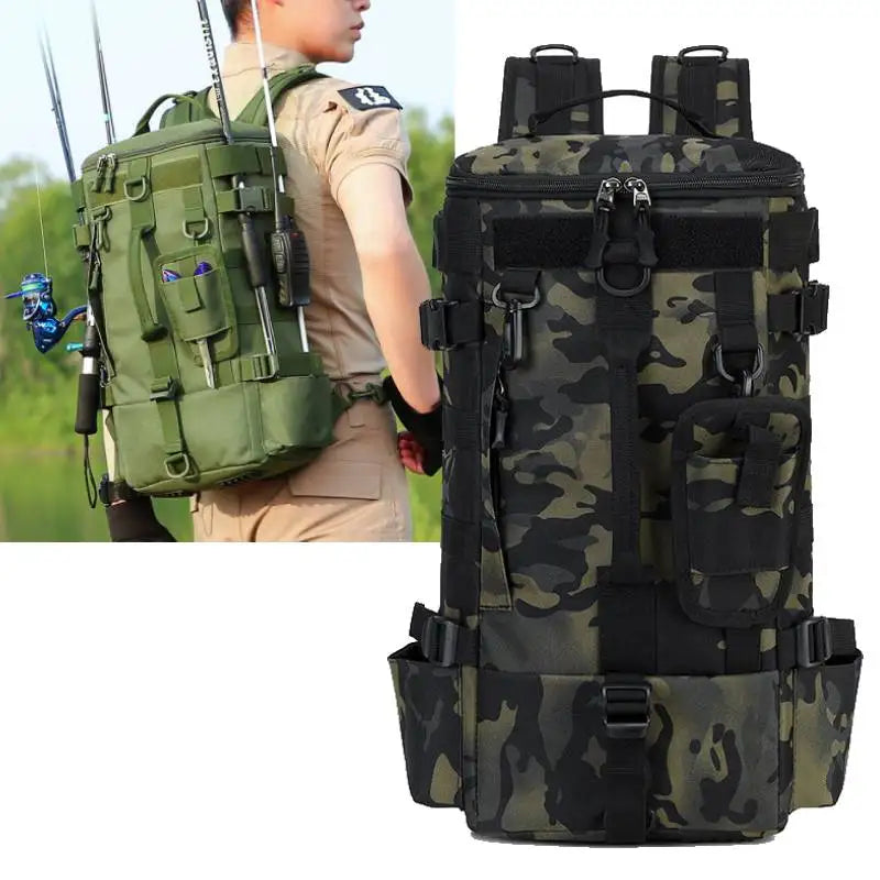 Taktischer Angelrucksack, Gerätetasche mit Rutenhaltern, Angelausrüstung, Molle, Camping, Wandern, Multifunktionale Outdoor-Tasche