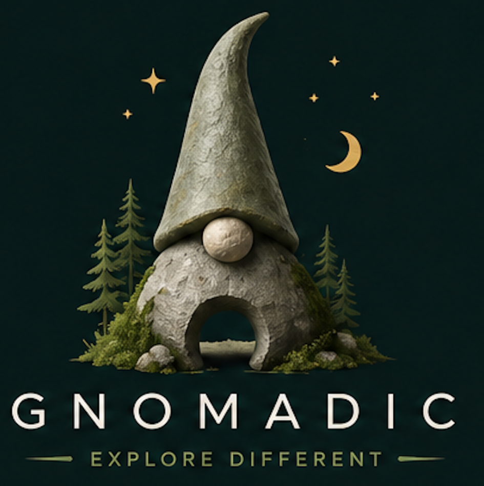 Stone gnome house with trees and stars on a dark background, featuring the brand 'Gnomadic'.