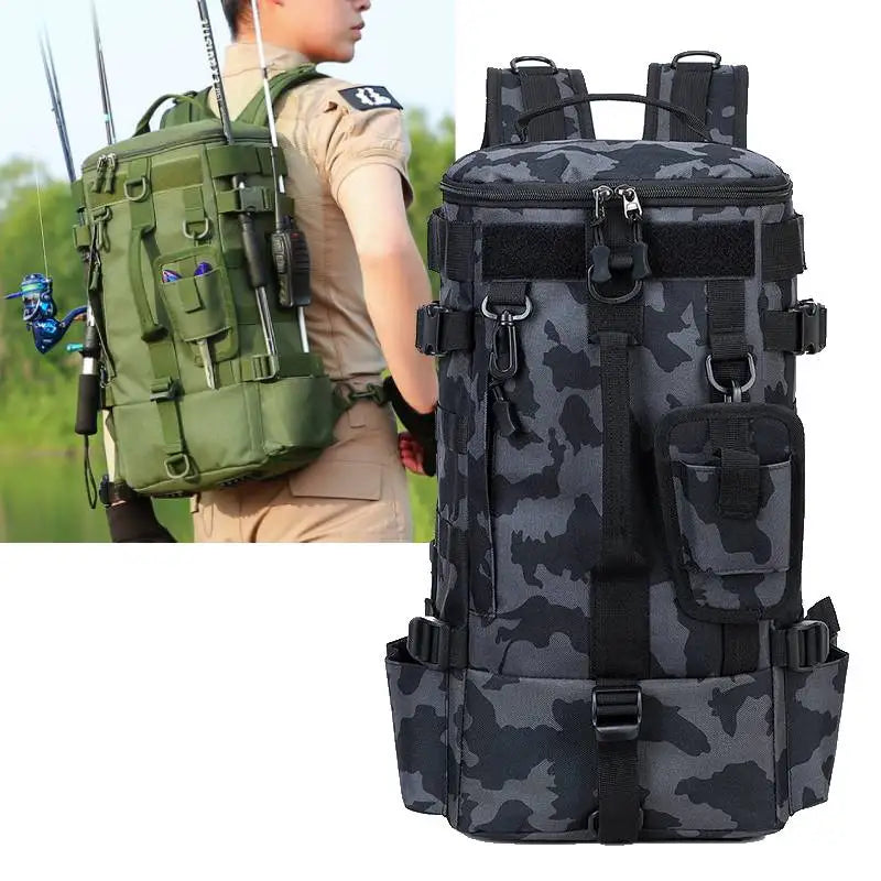 Taktischer Angelrucksack, Gerätetasche mit Rutenhaltern, Angelausrüstung, Molle, Camping, Wandern, Multifunktionale Outdoor-Tasche
