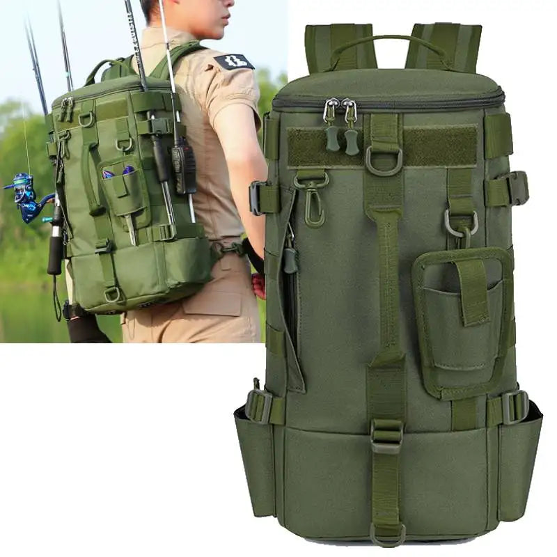 Taktischer Angelrucksack, Gerätetasche mit Rutenhaltern, Angelausrüstung, Molle, Camping, Wandern, Multifunktionale Outdoor-Tasche